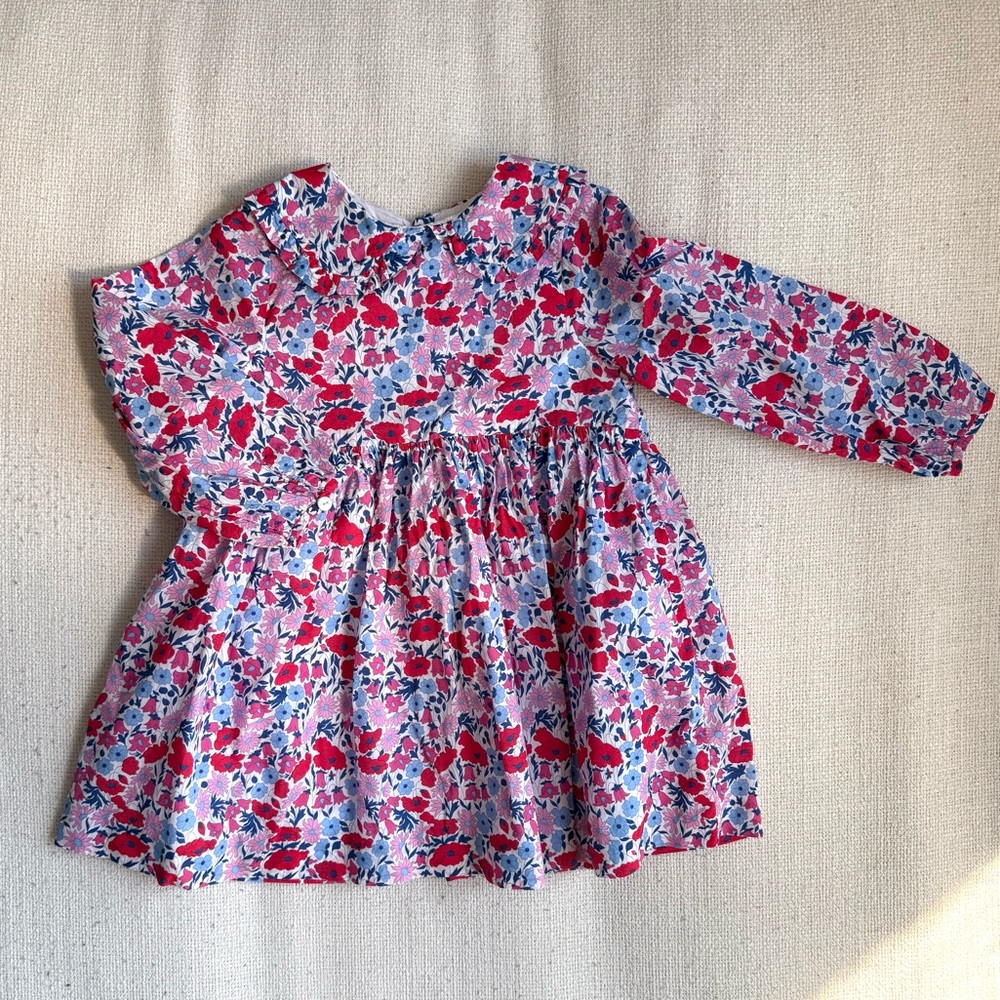 Jacadi Paris Liberty Floral Dress 3T Pink Blue Cotton Long Sleeve